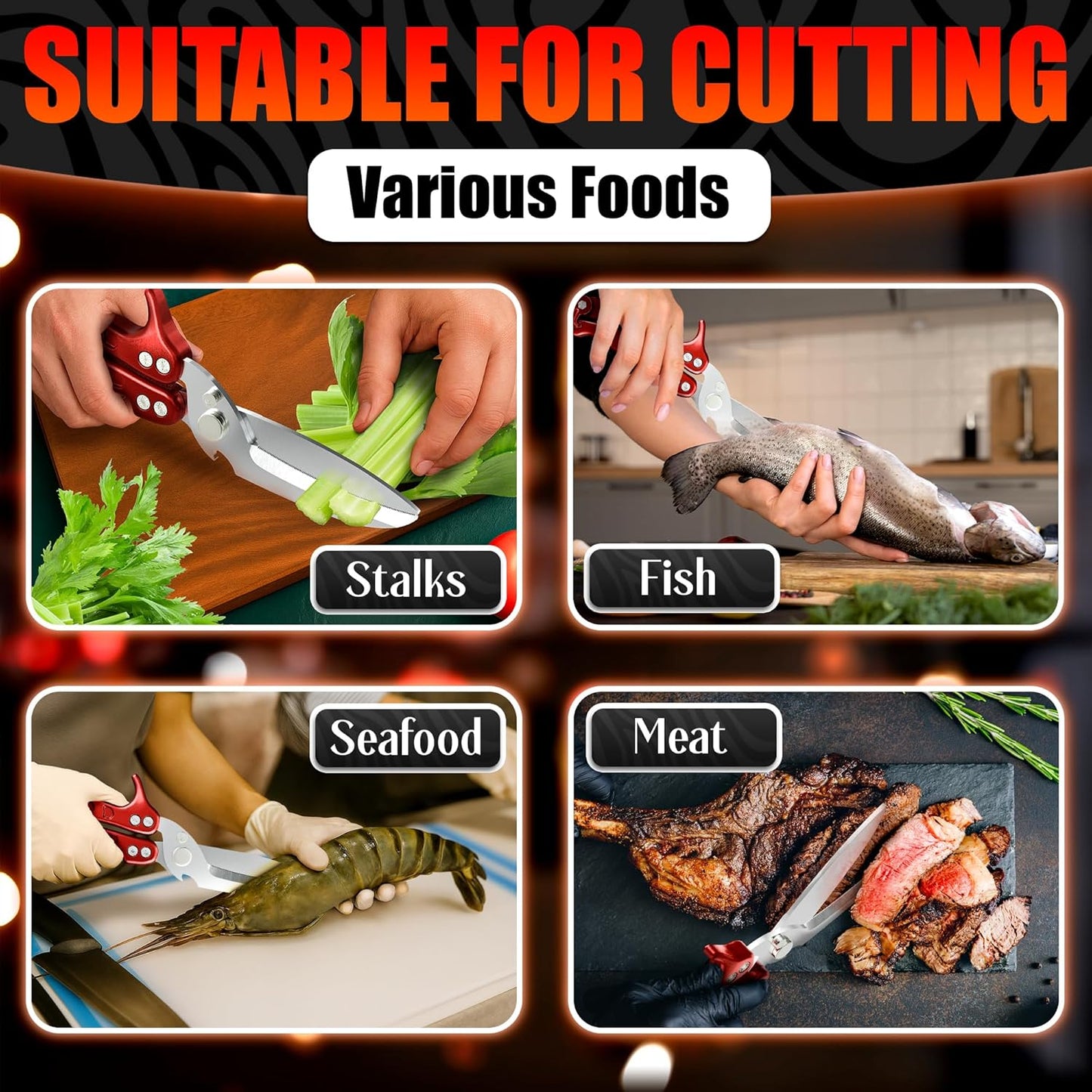 Heavy-Duty Multi-Purpose Kitchen Shears | Thick Stainless Steel Blades with Ergonomic Non-Slip Handles for Meat & Poultry