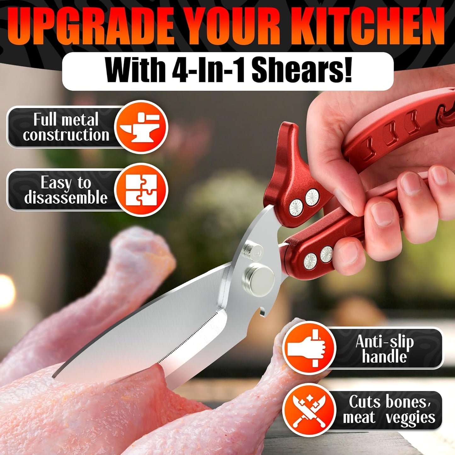 Heavy-Duty Multi-Purpose Kitchen Shears | Thick Stainless Steel Blades with Ergonomic Non-Slip Handles for Meat & Poultry
