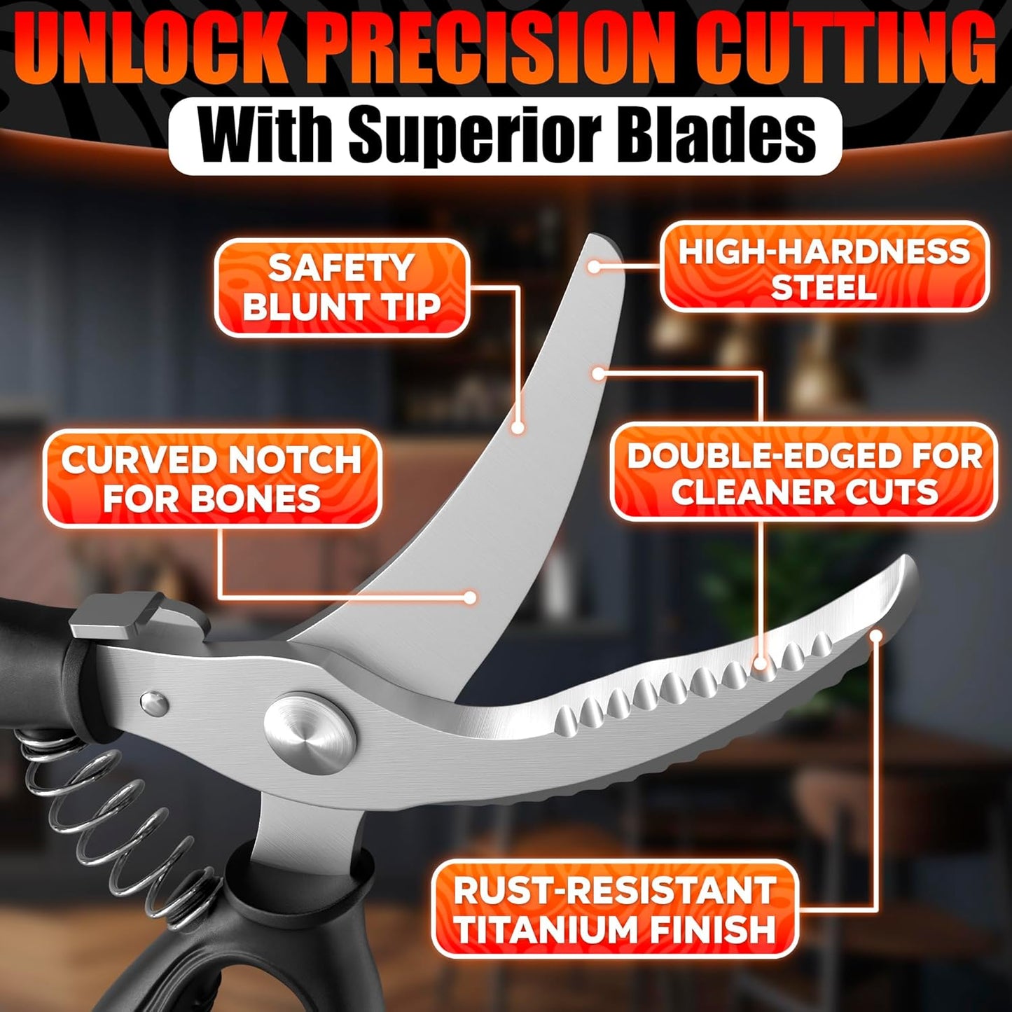 Multi-Functional Kitchen Boning Shears · Curved Blade Design | Stainless Steel Sharp Blades for Easy Meat & Poultry Cutting