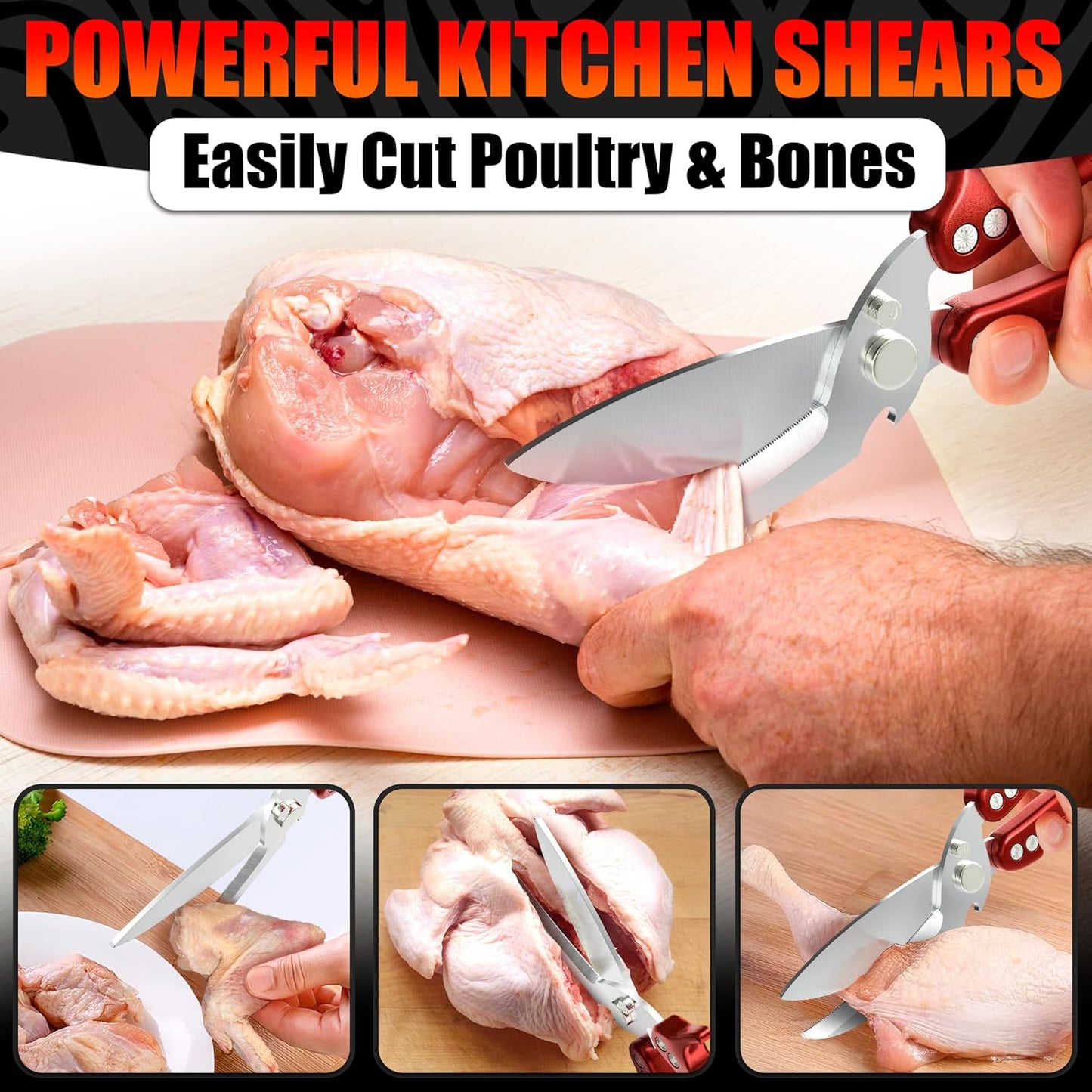 Heavy-Duty Multi-Purpose Kitchen Shears | Thick Stainless Steel Blades with Ergonomic Non-Slip Handles for Meat & Poultry