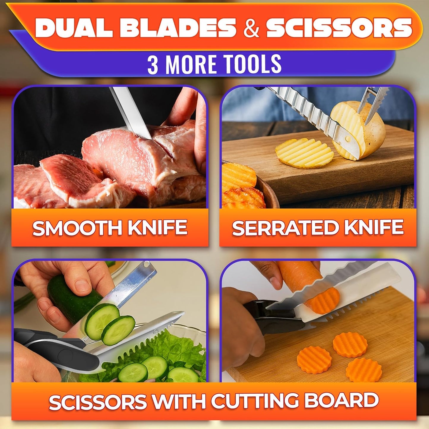 2-in-1 Multi-Functional Kitchen Scissors | Scissors + Cutting Knife Combo, Sharp Stainless Steel Blades with Ergonomic Handle