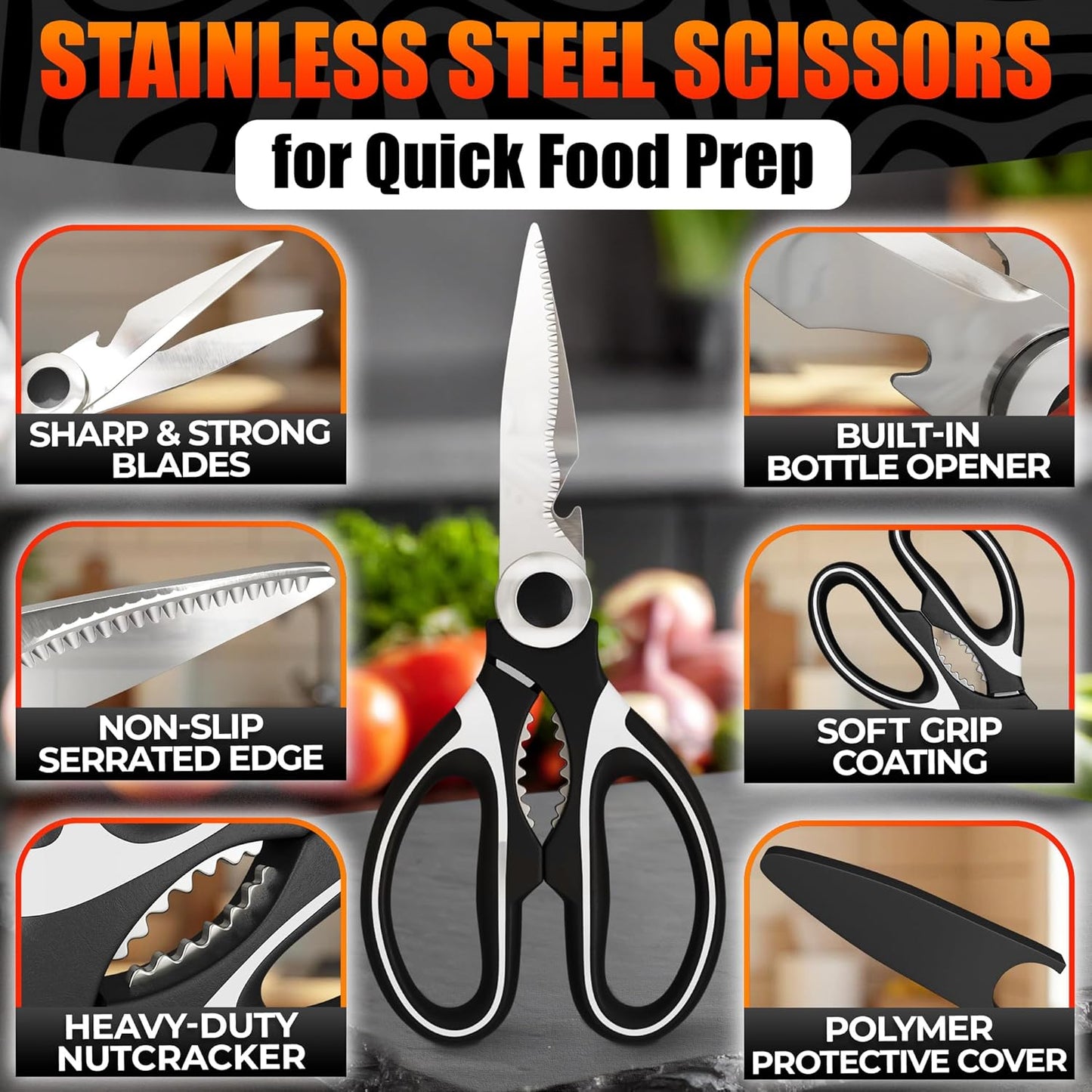 Multi-Purpose Kitchen Scissors | Sharp Stainless Steel Blades with Protective Sheath for Easy Food Prep