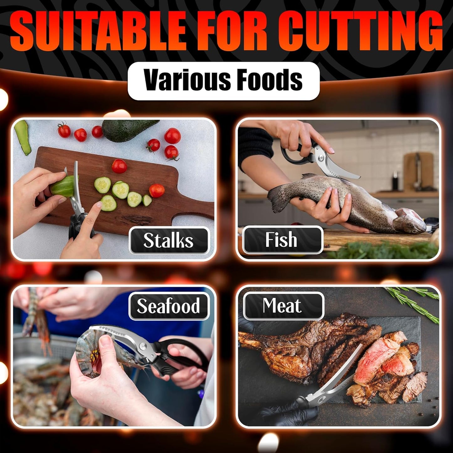 Multi-Functional Kitchen Boning Shears · Curved Blade Design | Stainless Steel Sharp Blades for Easy Meat & Poultry Cutting