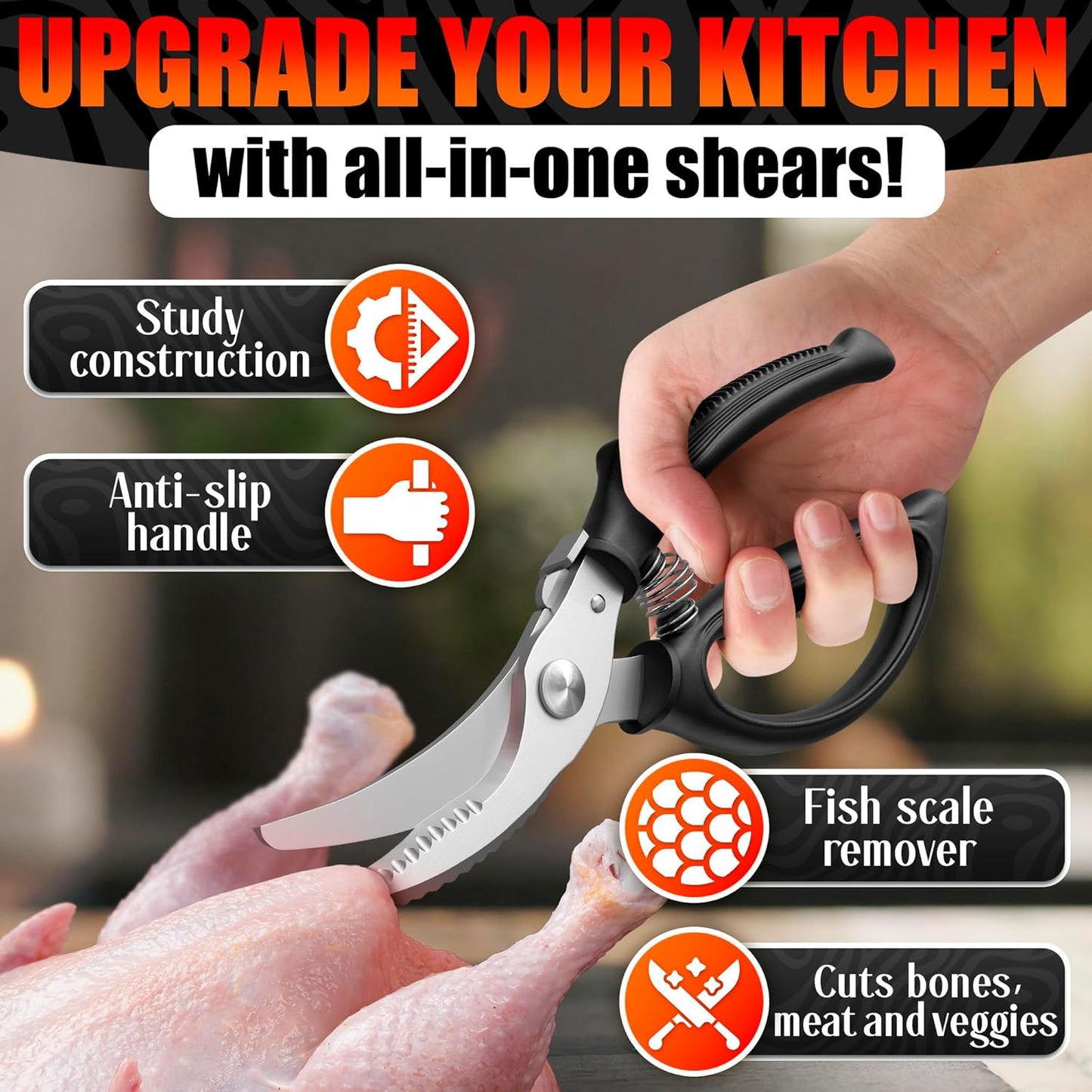 Multi-Functional Kitchen Boning Shears · Curved Blade Design | Stainless Steel Sharp Blades for Easy Meat & Poultry Cutting
