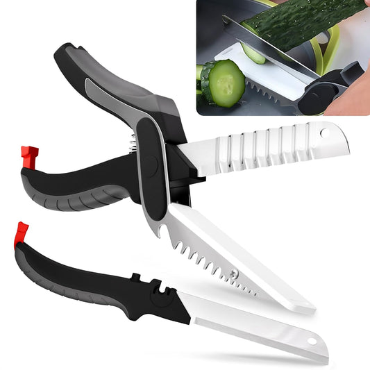 2-in-1 Multi-Functional Kitchen Scissors | Scissors + Cutting Knife Combo, Sharp Stainless Steel Blades with Ergonomic Handle
