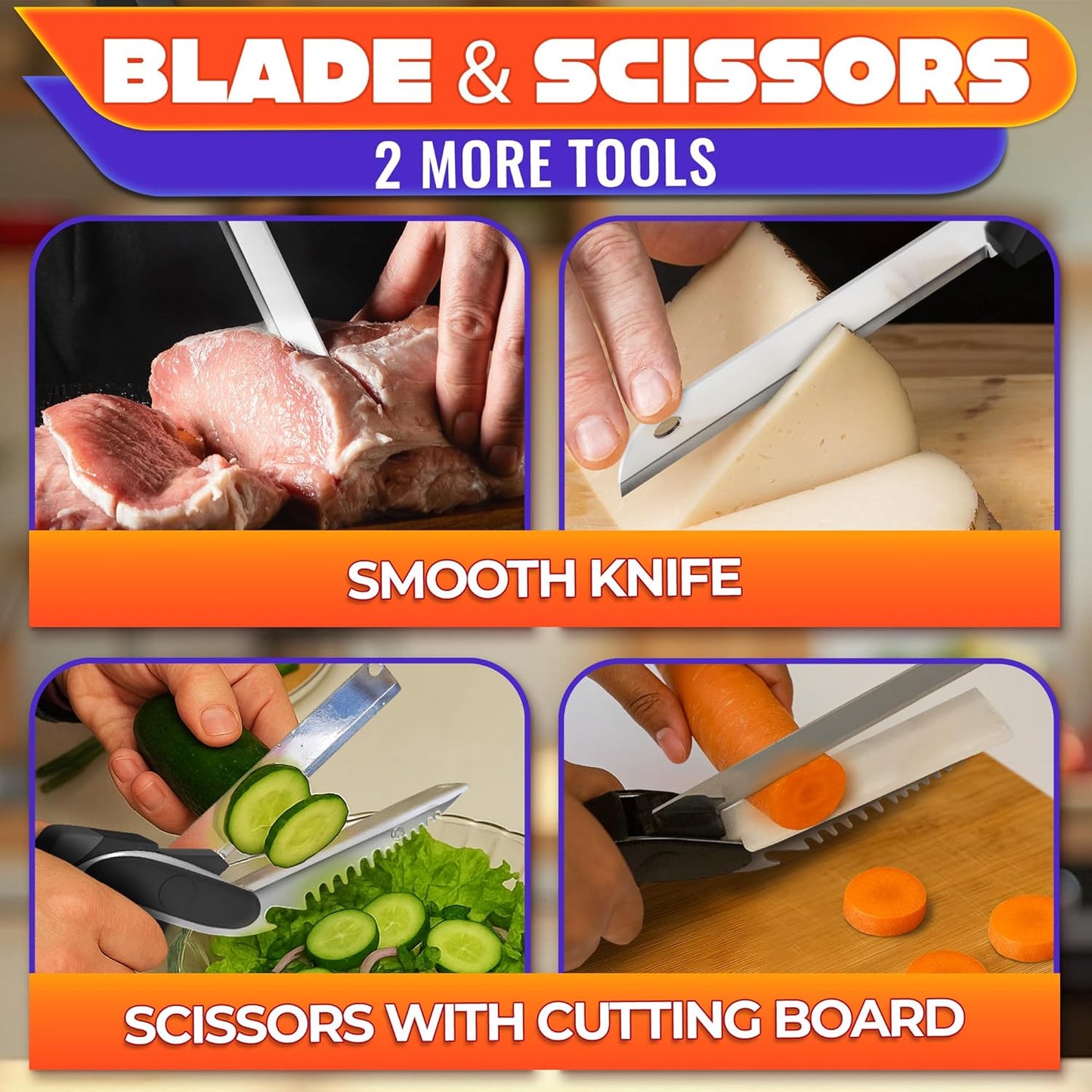 Multi-Functional Food Cutter · Serrated Blade Design | 2-in-1 Knife & Cutting Board | Easy Food Prep for Home & Outdoor Cooking