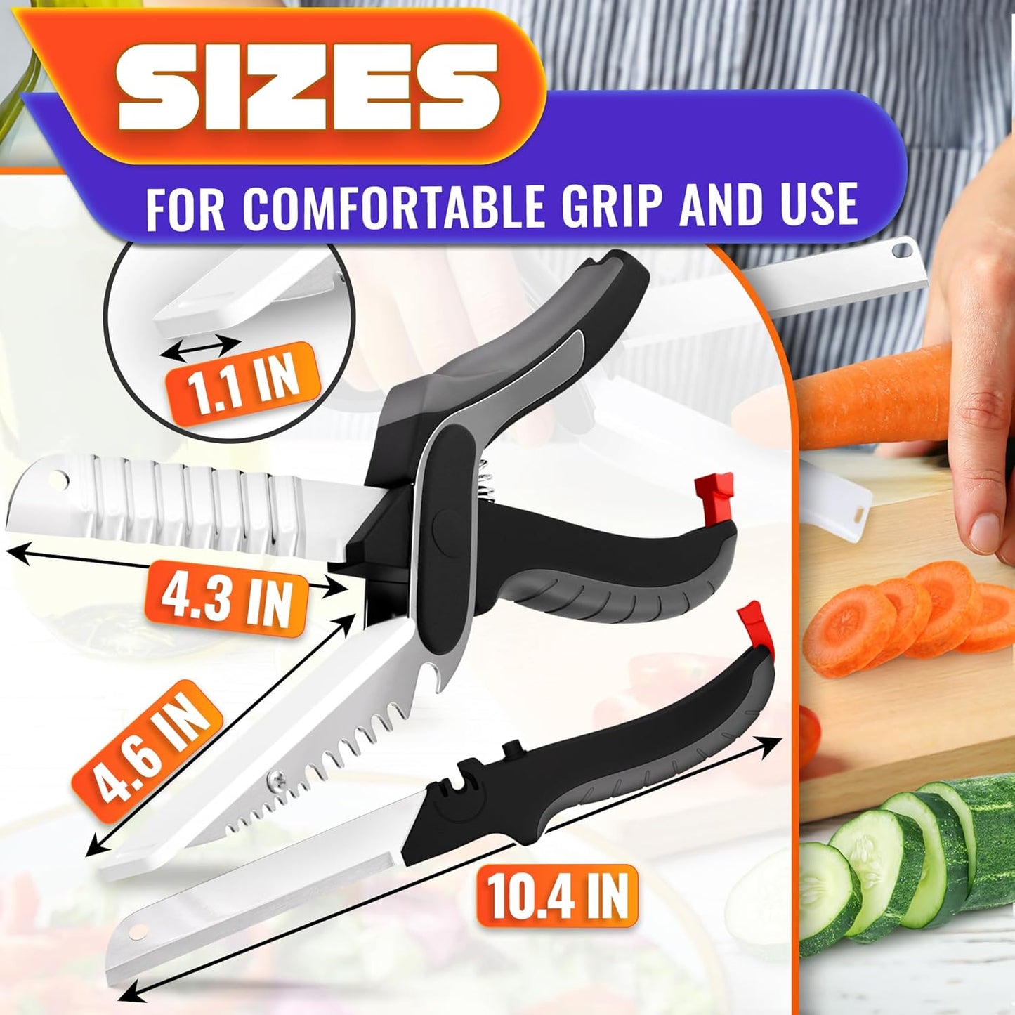 2-in-1 Multi-Functional Kitchen Scissors | Scissors + Cutting Knife Combo, Sharp Stainless Steel Blades with Ergonomic Handle