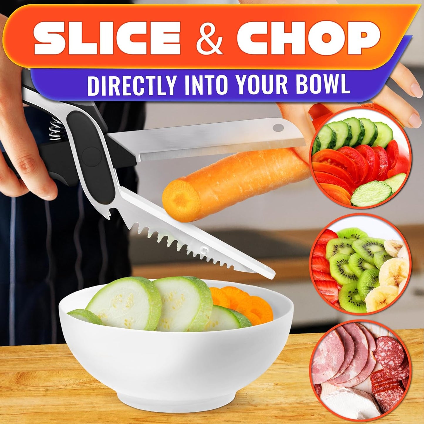 Multi-Functional Food Cutter · Serrated Blade Design | 2-in-1 Knife & Cutting Board | Easy Food Prep for Home & Outdoor Cooking
